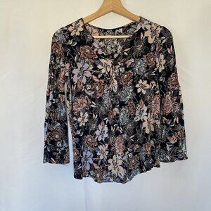 Mark Floral Black Long-Sleeve Blouse Size S/P With Bell Sleeves comfortable